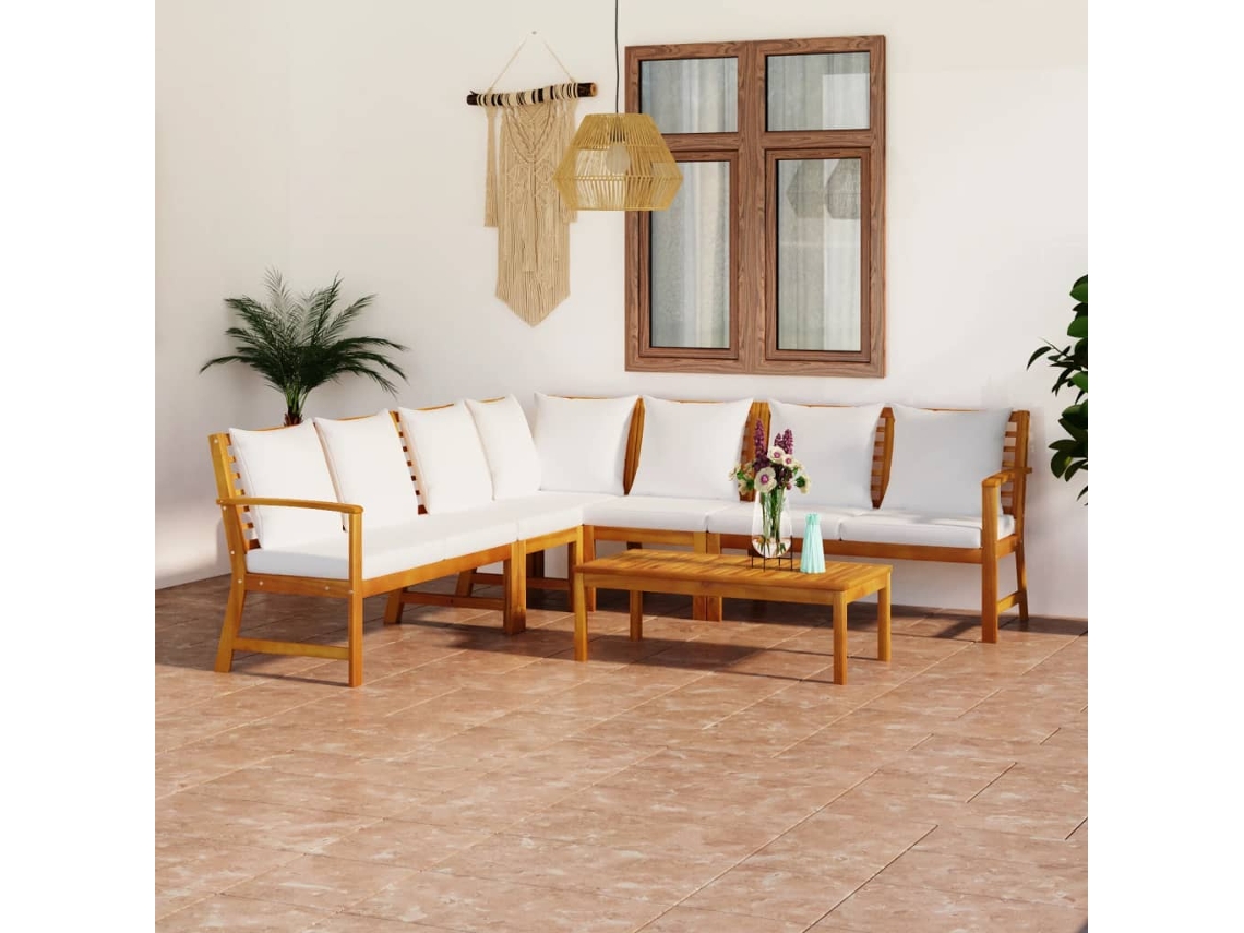 Conjunto 6 Peças Lounge Jardim C/ Almofadões Cor Creme Acácia Maciça Dkd Home Decor