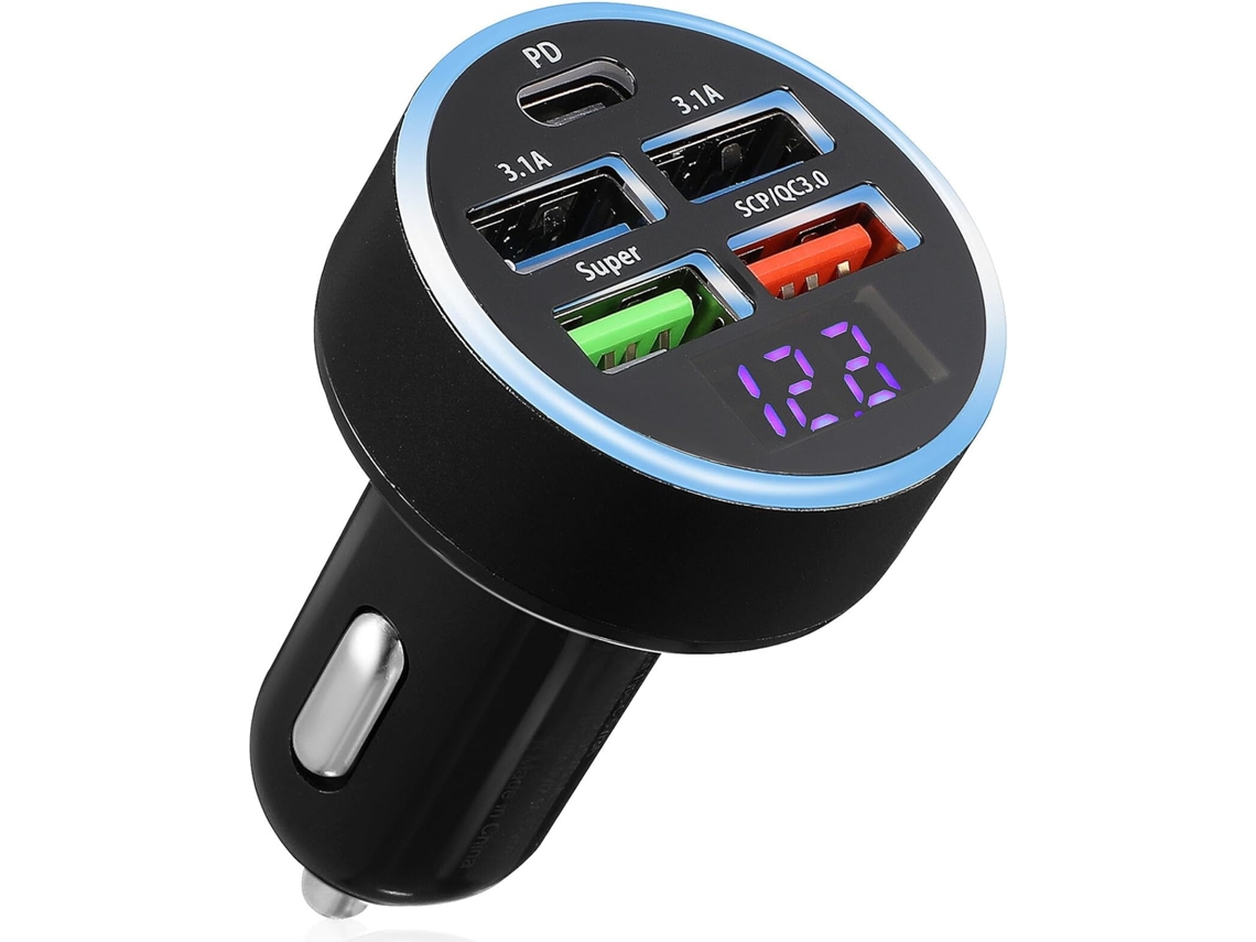 Cargador De Coche Usb Rápido De 5 Puertos Con Pantalla Digital Para Conductores