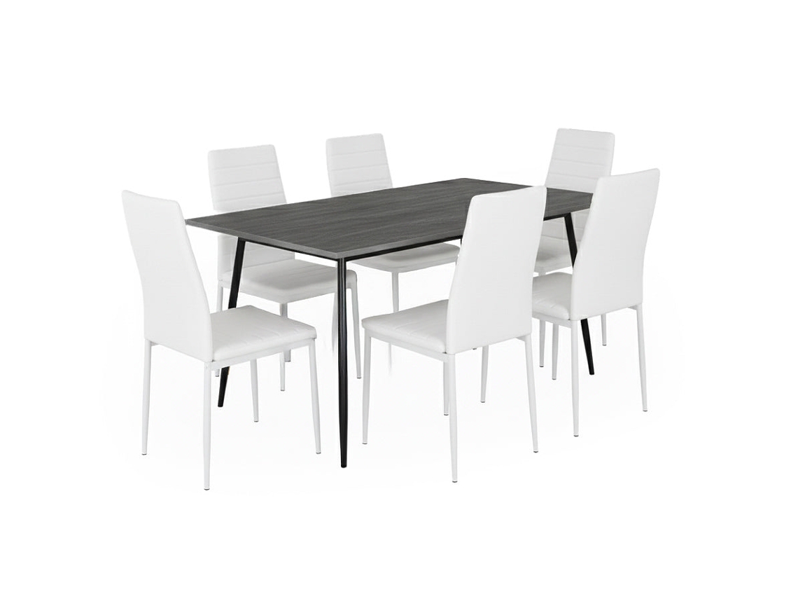 Mesa de comedor de 180 cm, gris oscuro, con 6 sillas de polipiel blanca. Ofertas disponibles.
