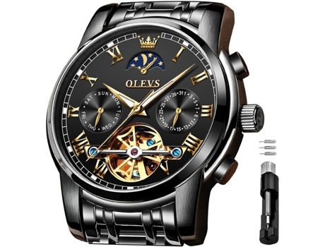VEANXIN Reloj Tourbillon luminoso de acero inoxidable con fase lunar, mecánico, automático, hueco, resistente al agua, para hombre(negro)