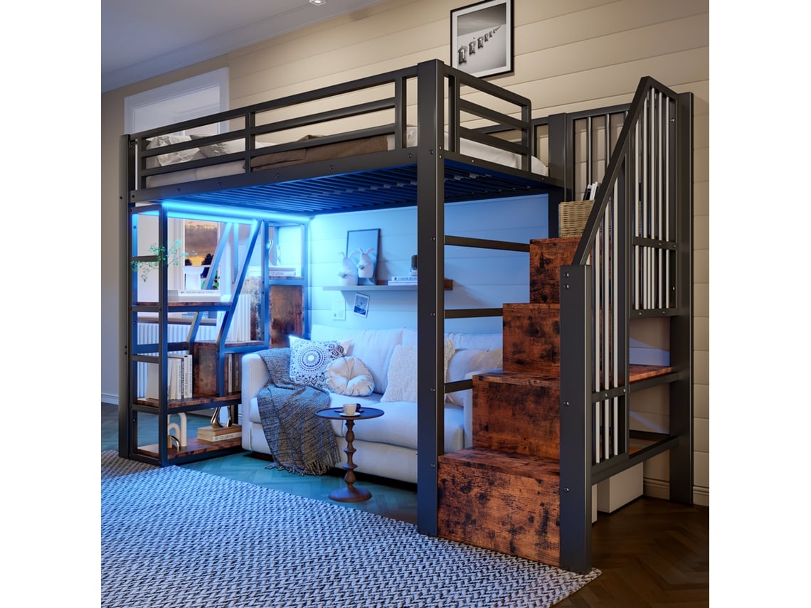Cama Alta De Metal, Negra, 90x200 Cm, Escalera, Almacenamiento Led, Protección De Seguridad.