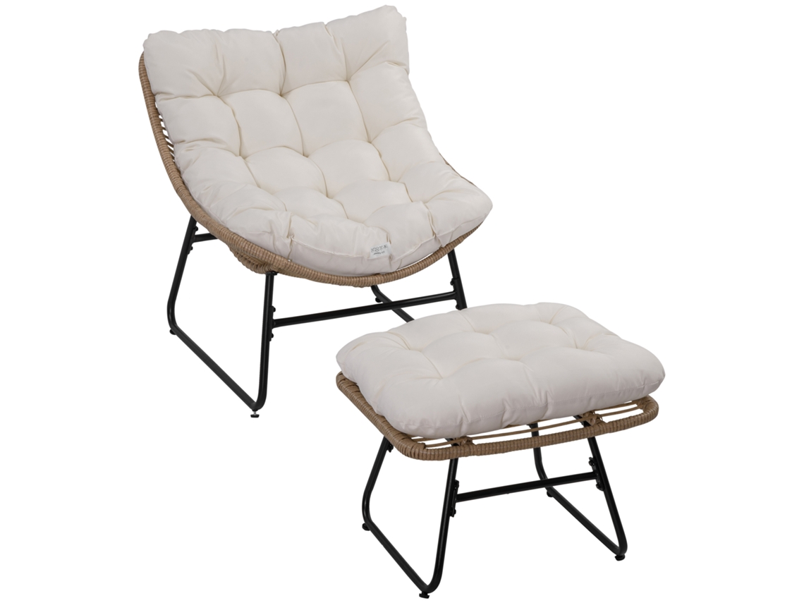 Silla de jardín con reposapiés de metal, recubierta de resina epoxi y cojines de mimbre.