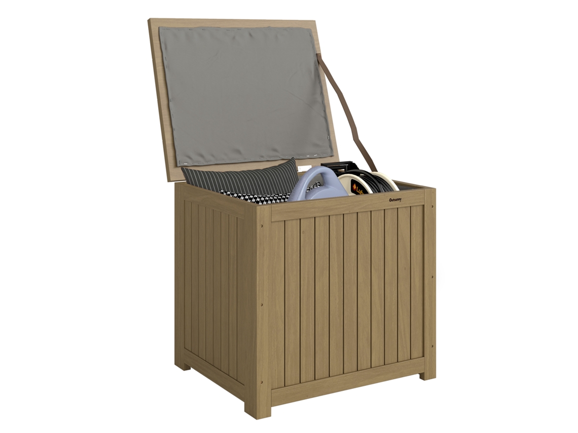 Baúl De Almacenamiento Exterior De 130 Litros Con Tapa Abatible Y Asa, De Madera Marrón.