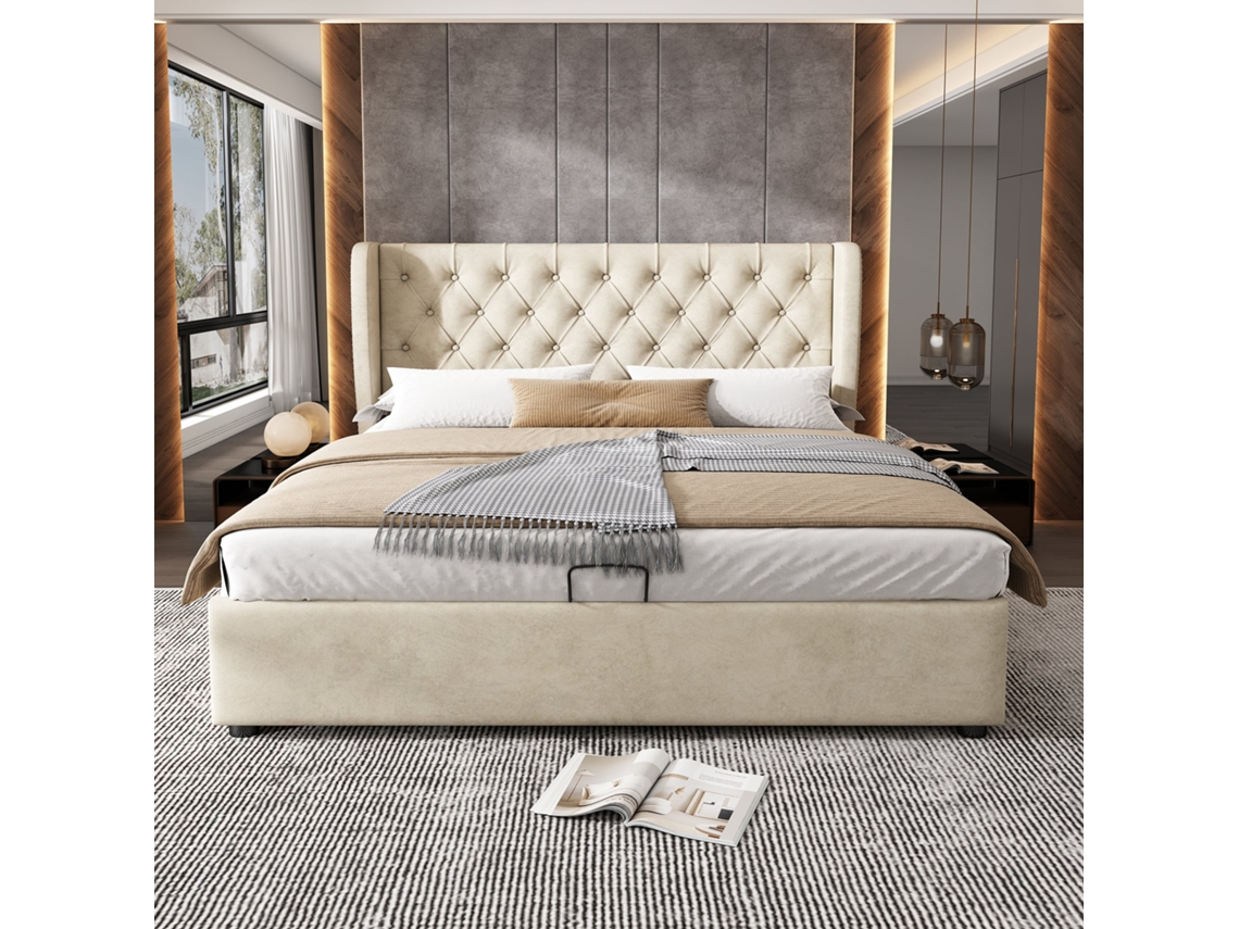 Cama Doble De 180x200 Cm, Terciopelo Beige, Botones, Cabecero Hidráulico.