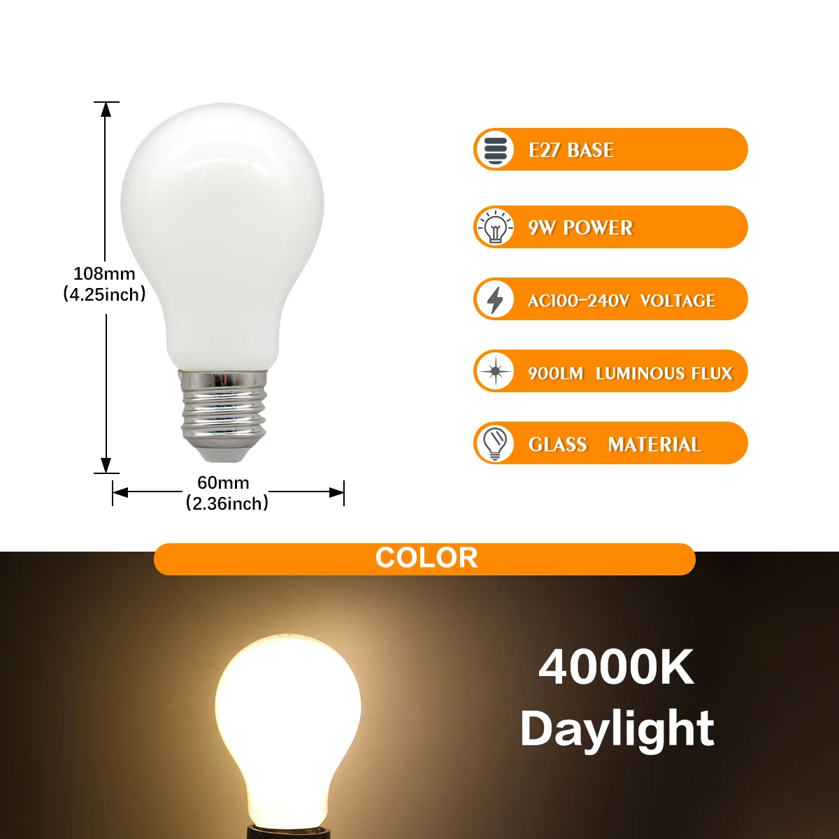 Bombilla Led De 9 W (e27, Cristal, 4000 K, 4 Unidades), Luz Decorativa Para El Hogar.