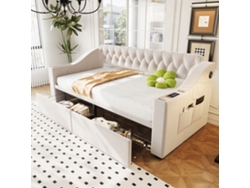 Sofá Cama De 90x190 Cm, Terciopelo Beige, Brazos Anchos, Usb, Cajones De Almacenamiento, Bolsillos.