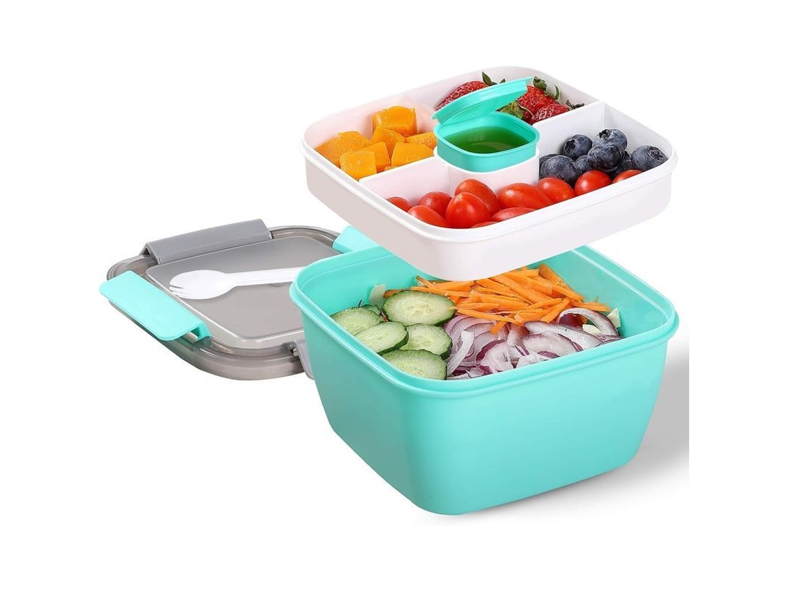 Recipiente Portátil De 1 Litro Para Ensaladas Con 2 Compartimentos Y Vaso Para Aderezo, Ideal Para El Almuerzo.