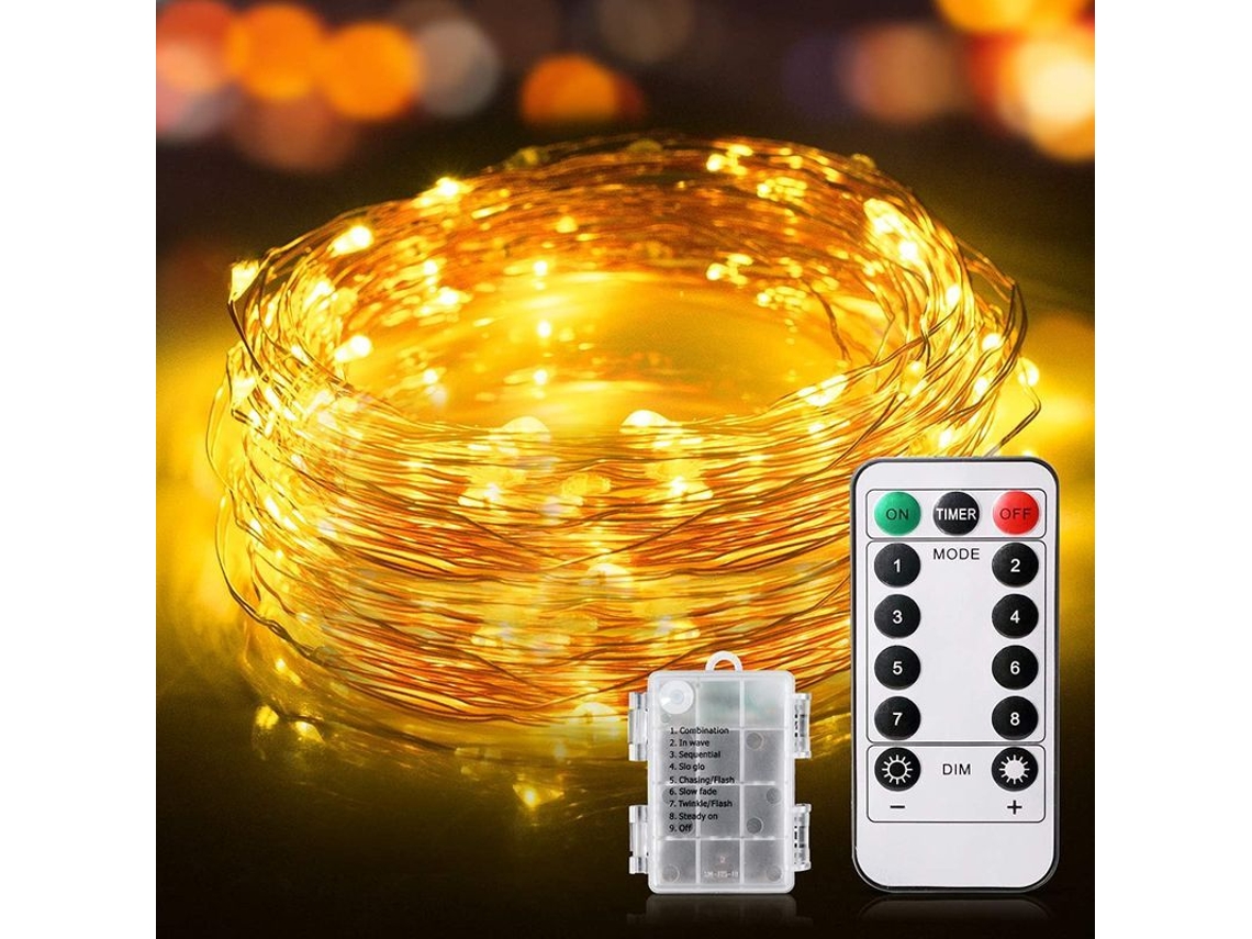 Guirnalda De Luces Led De 100 Led, 10 M, Ip65, Funciona Con Pilas, 8 Modos, Ideal Para Halloween, Navidad, Bodas Y Jardín. Luz Blanca Cálida.