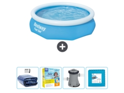 Piscina Hinchable Redonda Fast Set BESTWAY - 305 x 76 cm - Azul - Incluida Vela solar - Paquete de mantenimiento - Bomba - Baldosas