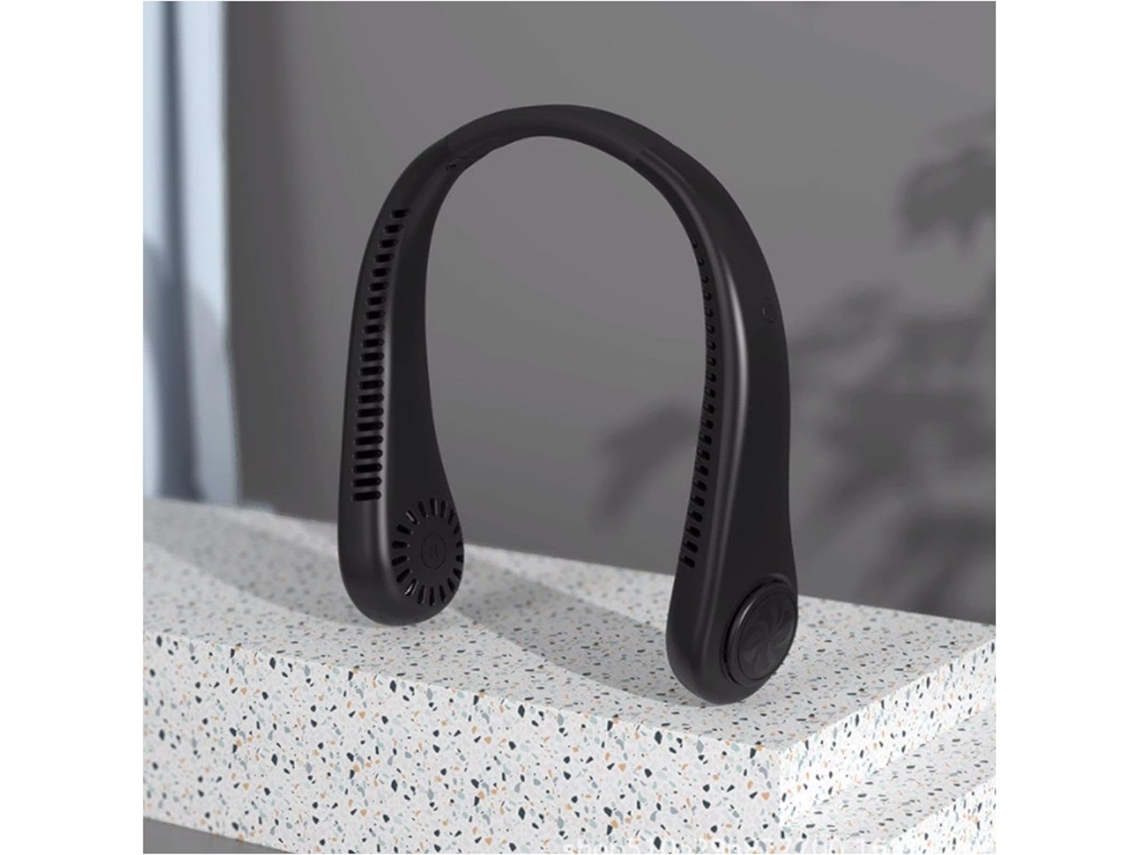 Ventilador de cuello portátil recargable (sin marca) con tres velocidades, silencioso.