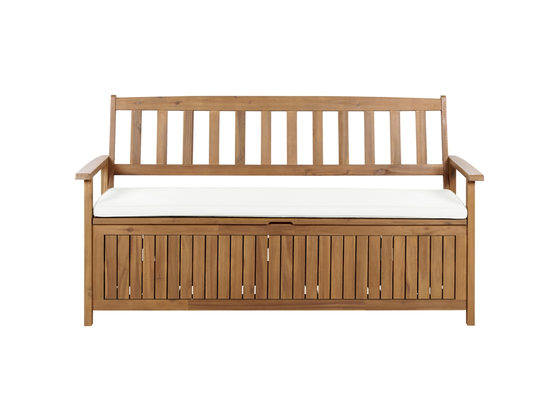 Bancos de jardín Beliani Sovana con cojines, madera de acacia, blanco crema, 160x60x91