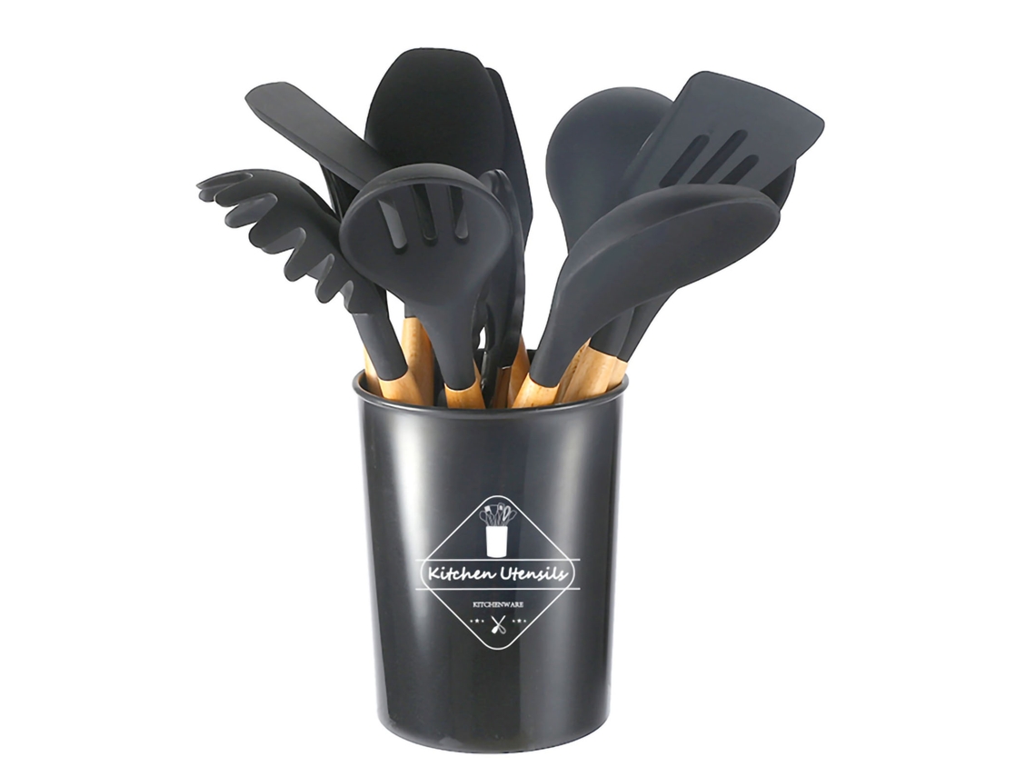 Juego de utensilios de cocina de silicona con mangos de madera, revestimiento antiadherente y recipiente gris oscuro | Sin marca