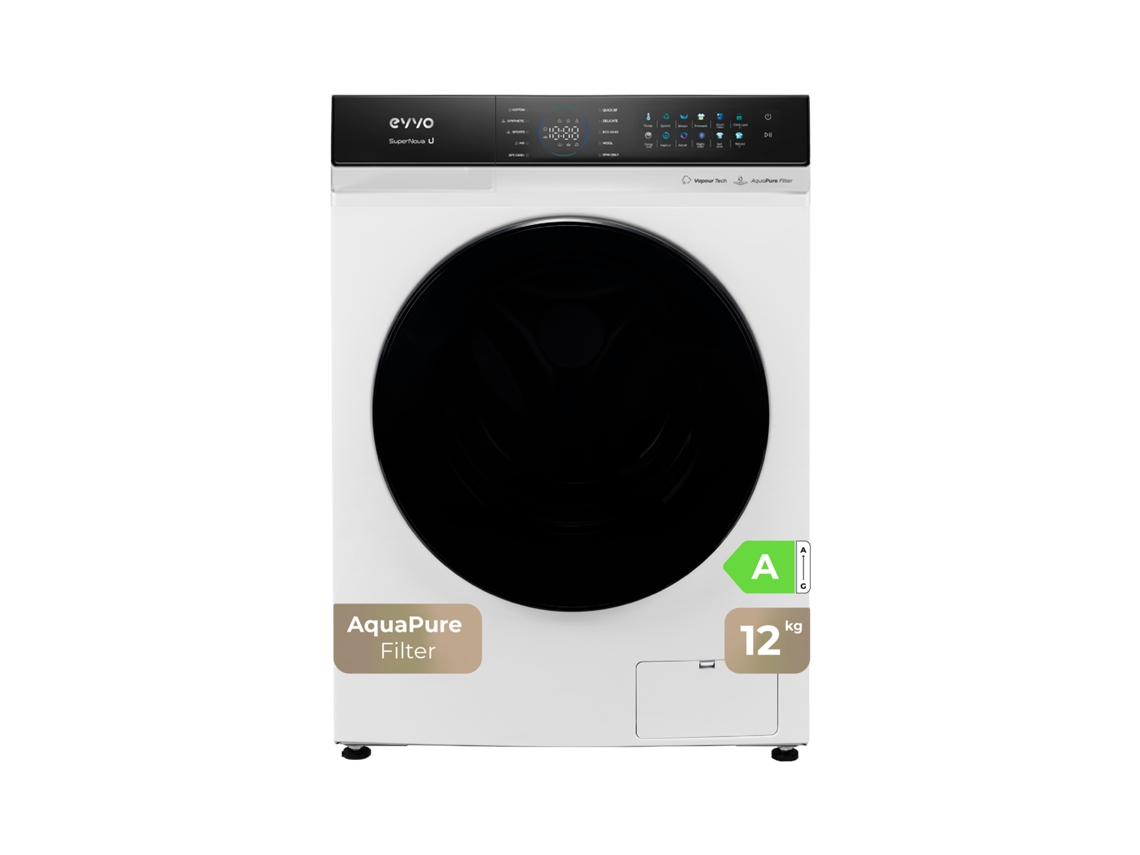 Evvo Lavadora 12 Kg Supernova U12, 1350 Rpm, Clase A, Motor Inverter, 14 Programas, Vapor Steam Wash, Smart Load, Lavado Rápido, Blanco