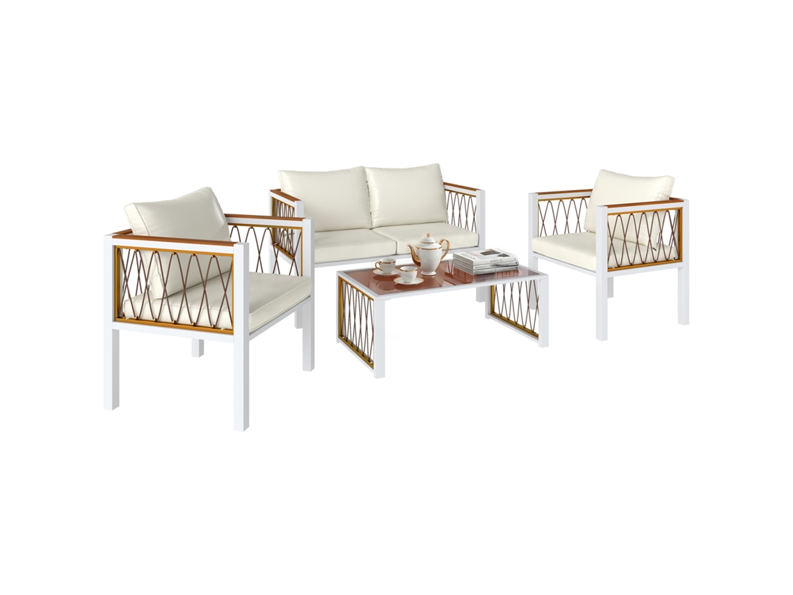 Conjunto Jardín 4 Piezas Sofá 2 Sillones Mesa Cristal Cojines