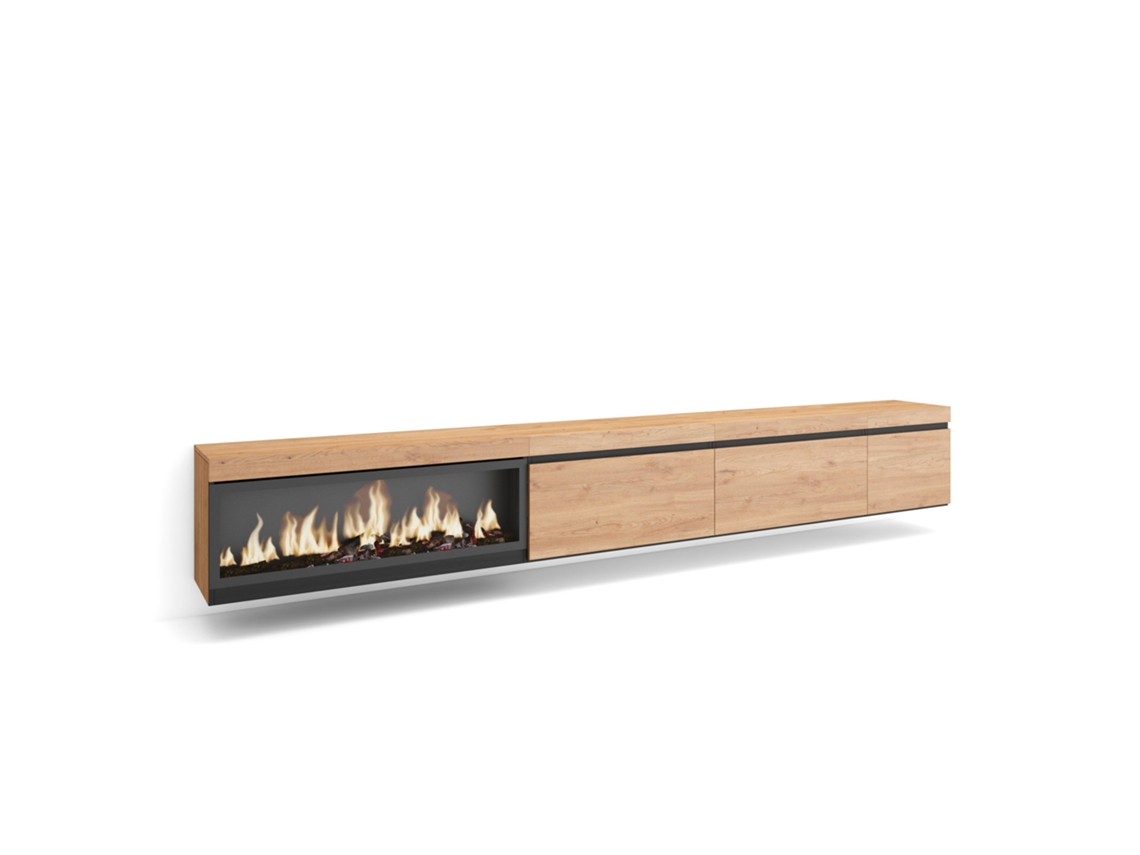 Mueble TV, Televisión, 317x35x45 cm, Chimenea eléctrica XXL, Colgado, Suspendido, Roble SKRAUT HOME