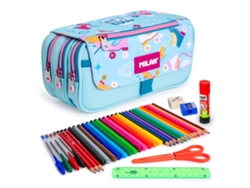 Estuche triple Eco Milan con 3 cremalleras y material escolar incluido. Colepack.