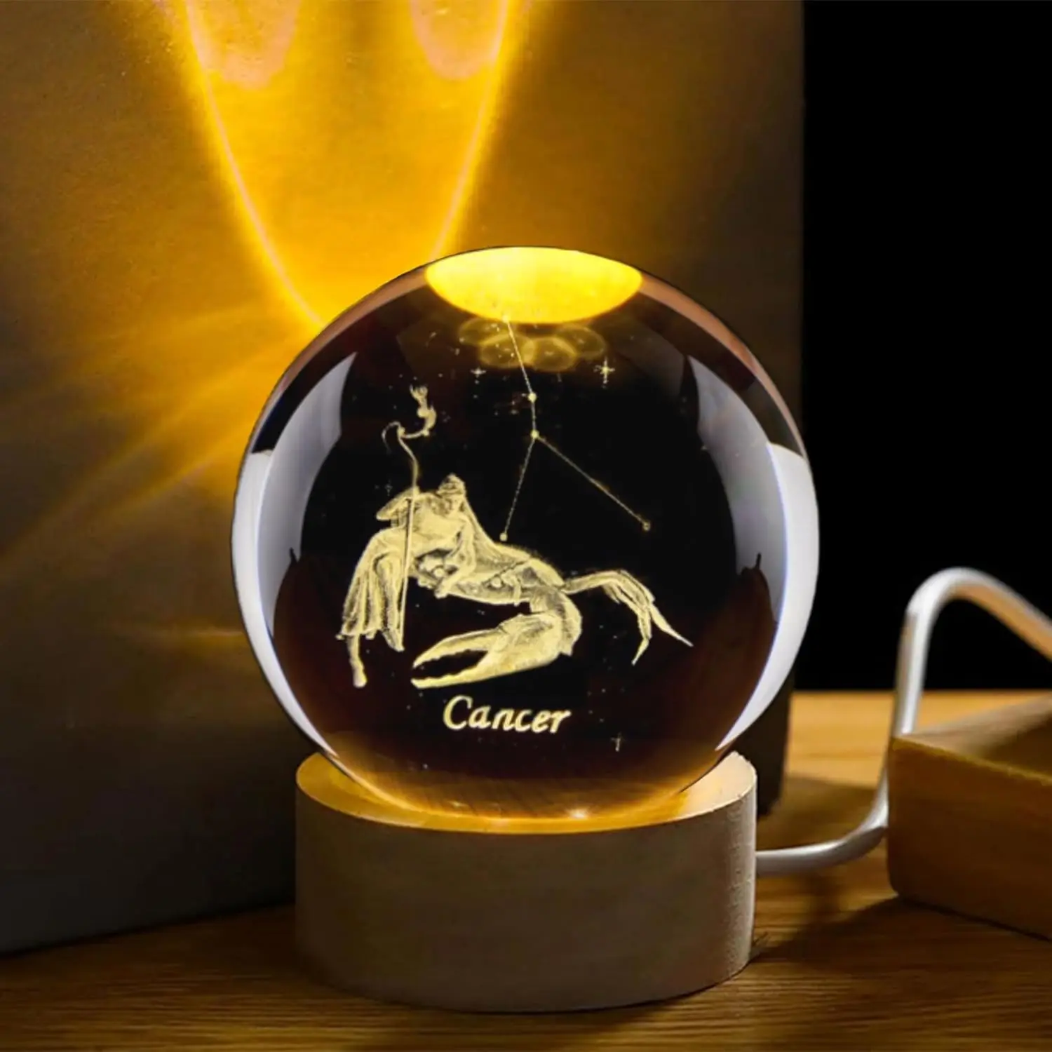 Bola De Cristal 3d Para Cáncer Con Base De Lámpara De Madera