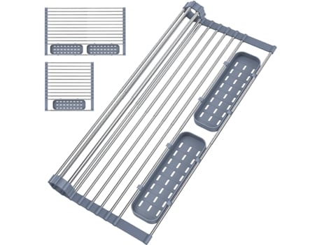 Escurreplatos enrollable expandible de hasta 23 pulgadas con 2 soportes escurridor de platos plegable de acero inoxidable gris ZMDECQNA