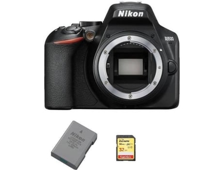 Kit Cámara Réflex NIKON D3500 Corpo Negro + Tarjeta SD de 32GB + bateria EN-EL14A