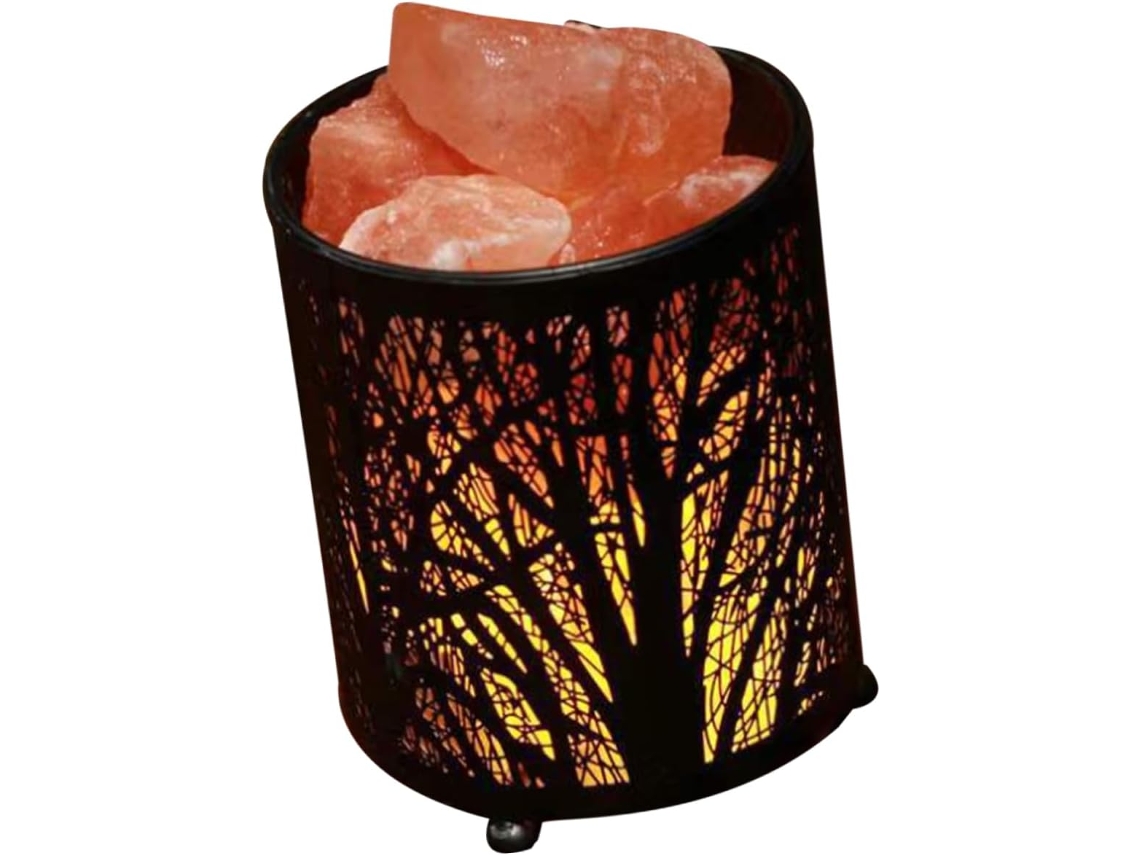 Elegante Lámpara De Sal Cilíndrica Decorativa Con Base De Hierro Negro, Luz Ambiental Para Oficina Y