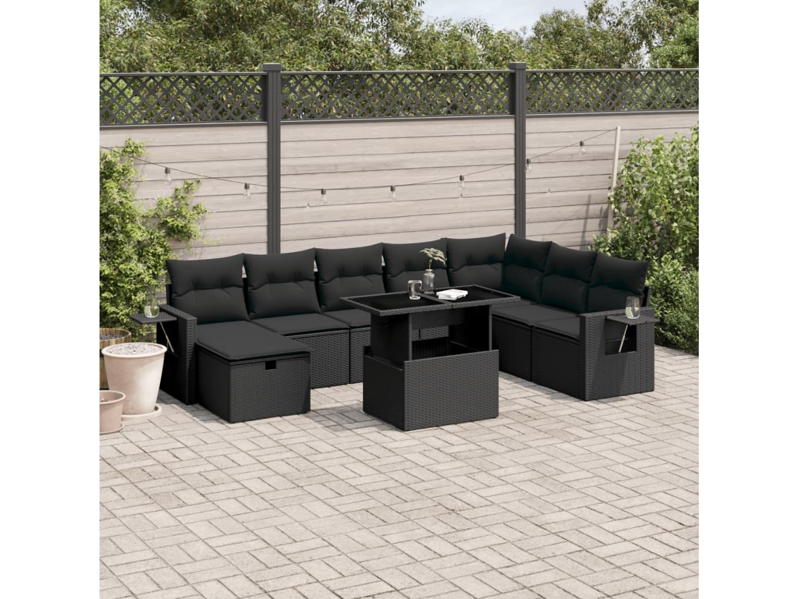 Conjunto de sofá de jardín de 9 piezas con cojines, ratán negro, Dkd Home Decor