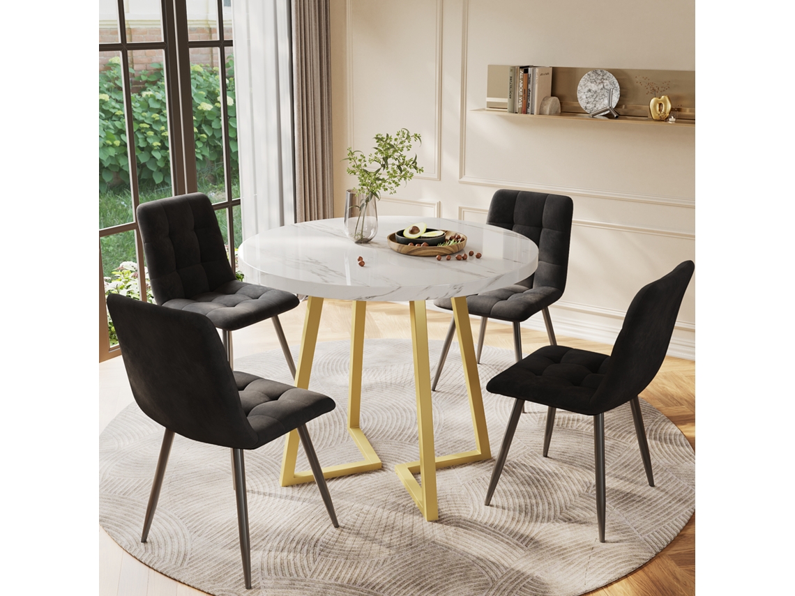 Juego De Comedor 5 Piezas, Mesa Redonda Ø80 Cm, Tablero Mdf Blanco, Patas Doradas, Sillas De Terciopelo Negro