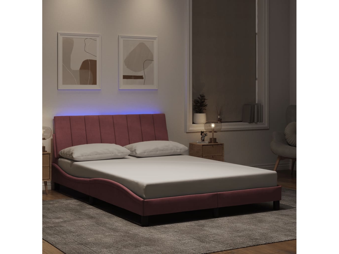 Estructura De Cama Con Luces Led Terciopelo Rosa 140x200 Cm