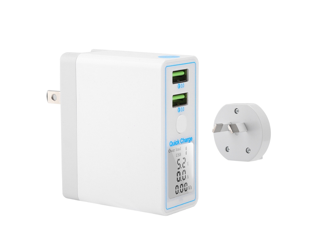 Carregador Usb Duplo Branco Qc3.0 Com Tela Lcd, Carregamento Rápido Para Telefone, Conector Dobrável 90°