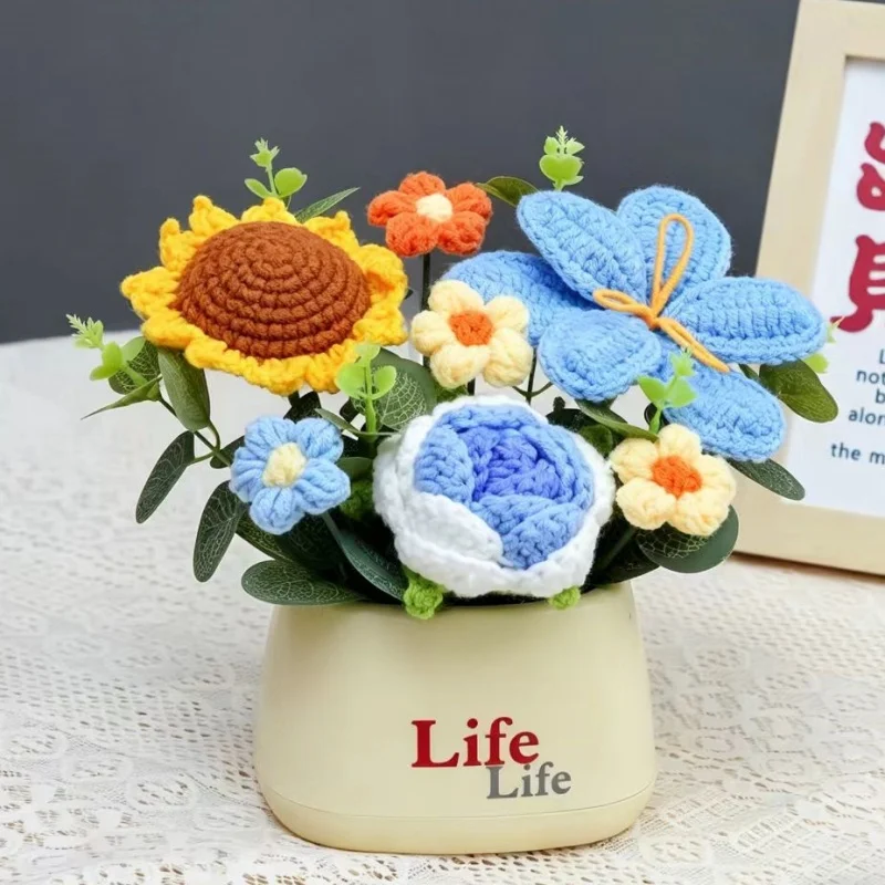 Ramos Artificiales De Plantas En Maceta Tejidos A Crochet, Ideales Para La Decoración Del Hogar Y Como Regalos De Cumpleaños.