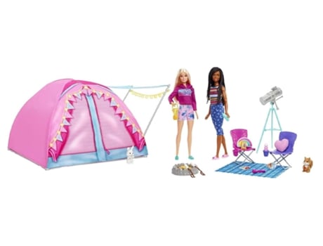 BARBIE Malibu e Brooklyn com Tenda Campismo (Edad Mínima: 3 Años - 44,6989 x 7,0002 x 32,6999 cm)