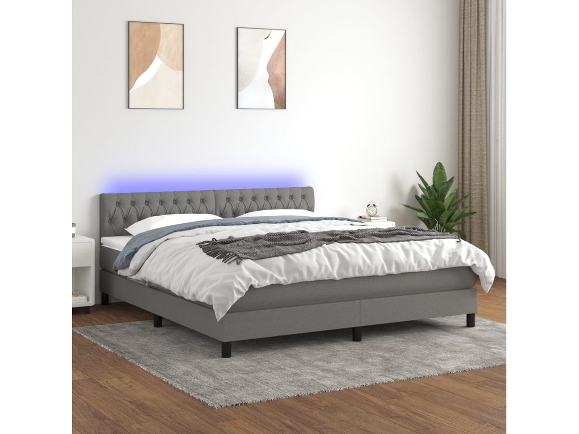 Cama Box Spring Colchón Y Luces Led Tela Gris Oscuro 180x200 Cm