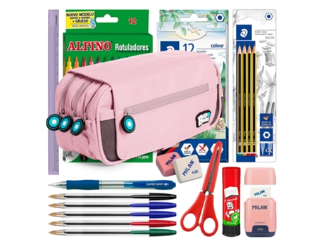 COLEPACK Bitsbobs Estuche Triple de 3 Cremalleras Con Material Escolar Incluido Rosa Soft