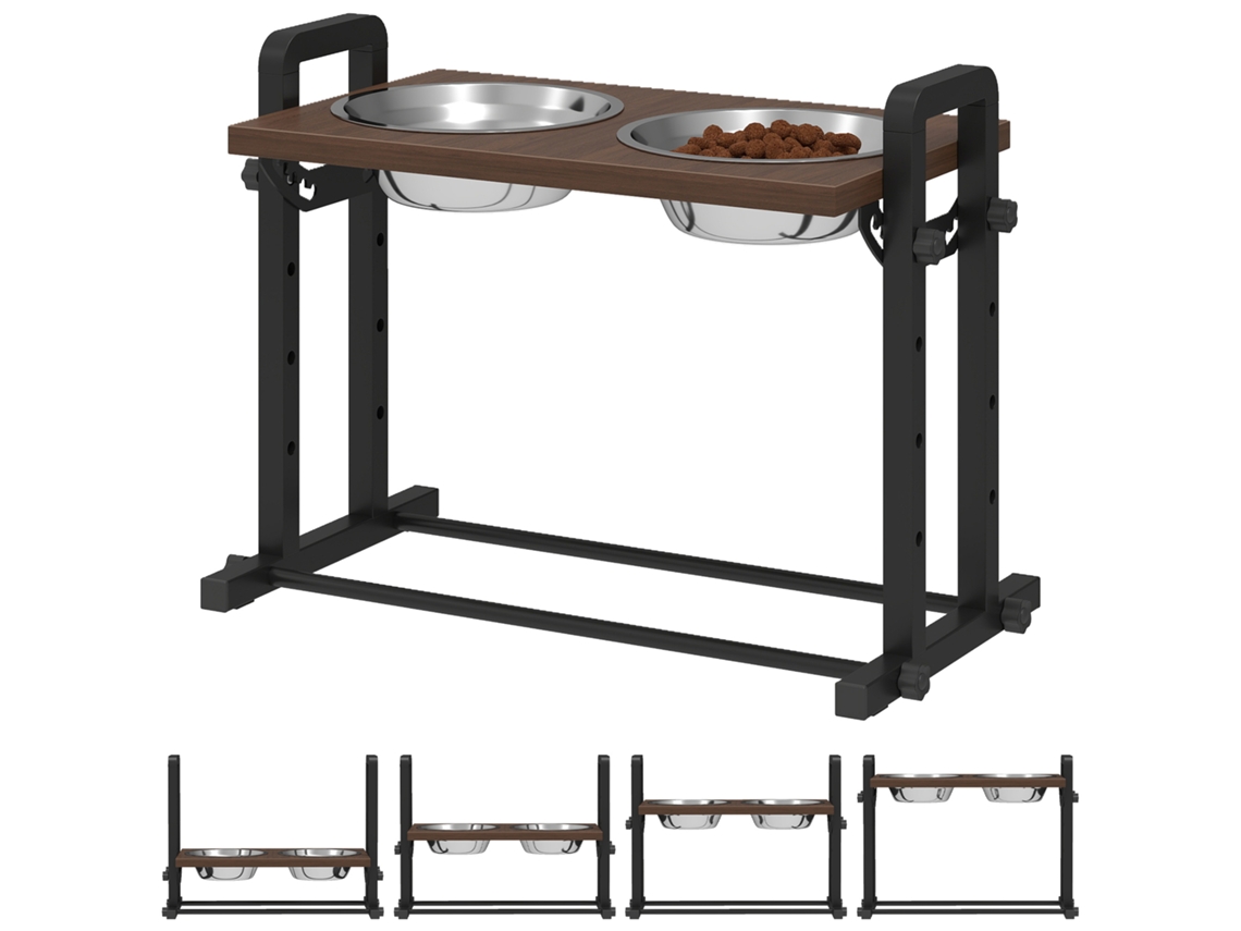 Soporte Para Comederos De Perro Con 4 Cuencos De Altura Regulable, 2 Cuencos De Acero Inoxidable De 1,2 L, 3 Ángulos Ajustables, Color Marrón.
