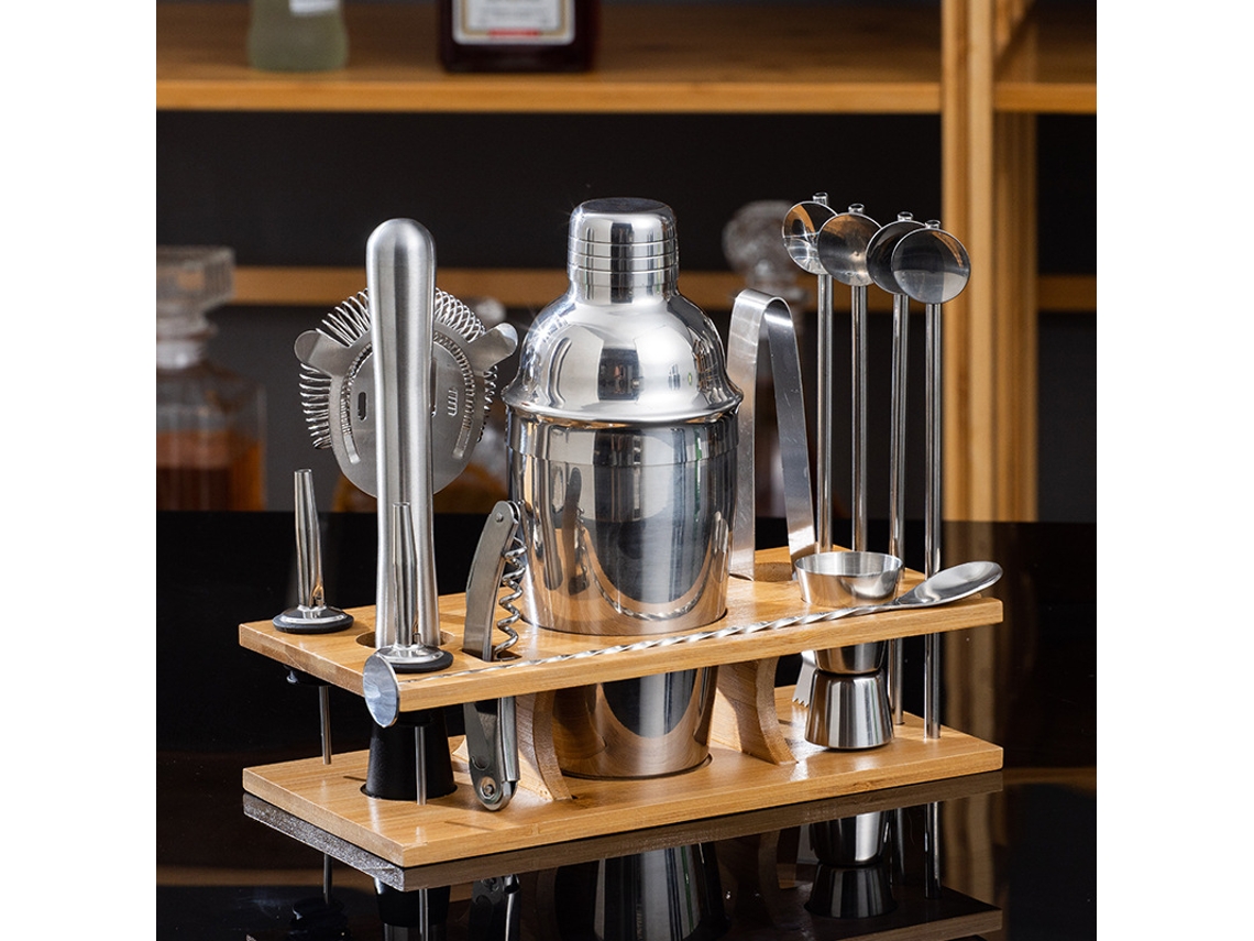 Coctelera profesional de acero inoxidable con soporte de bambú para el hogar y el bar DIGITALLAB (550 ml)