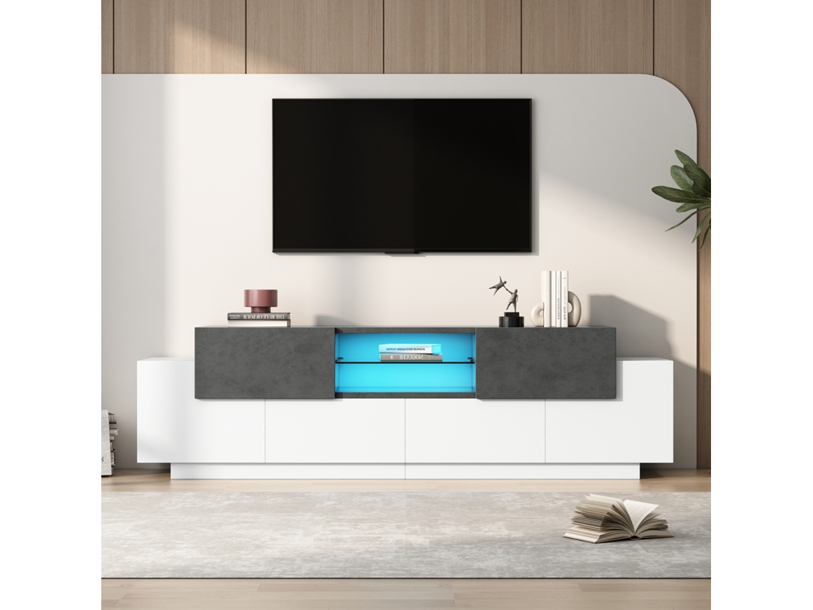 Mueble Para Tv Led, Estilo Moderno, 180x40x45 Cm, Estantes De Vidrio, Múltiples Espacios De Almacenamiento, Para Tv De 80 Pulgadas, Blanco Y Gris