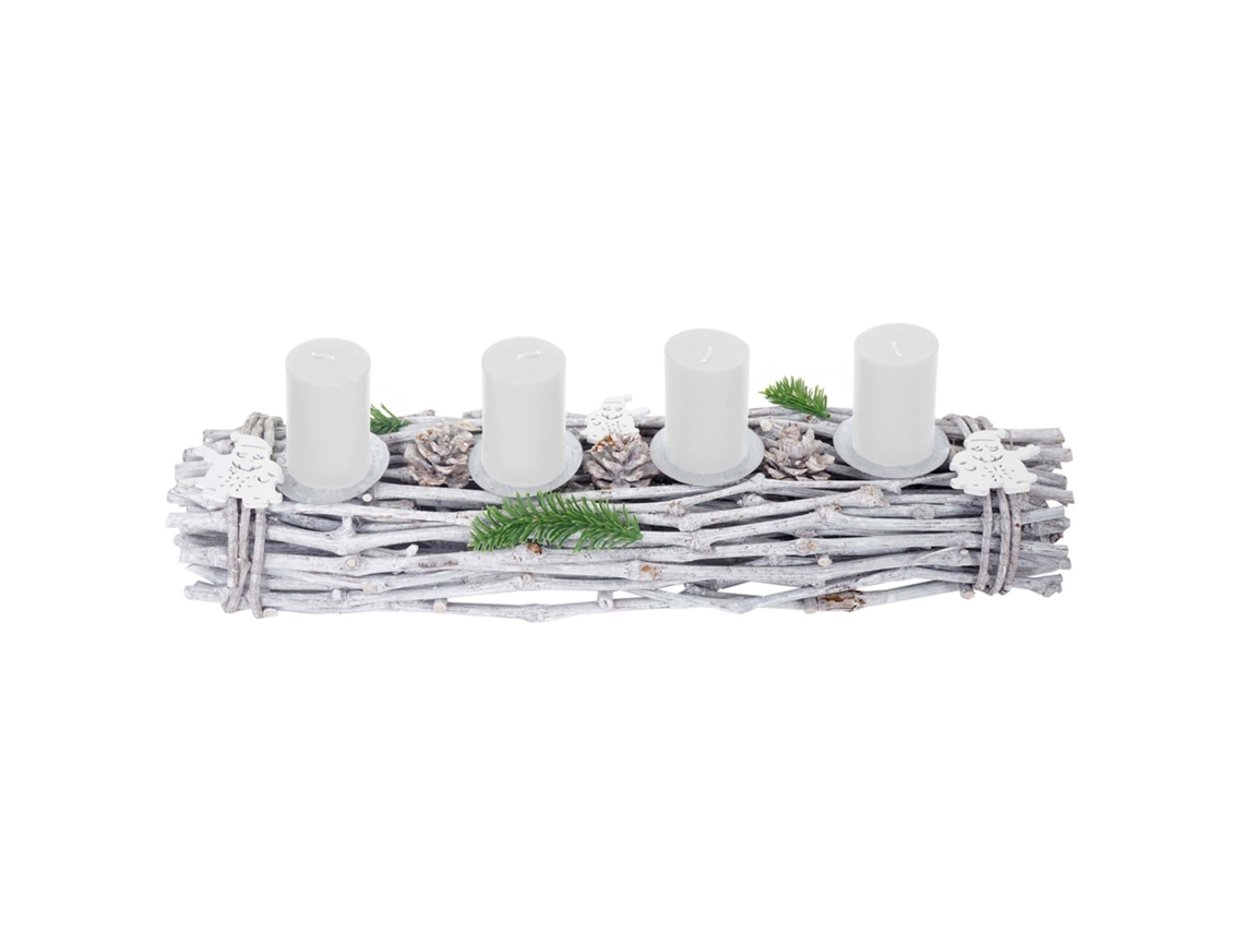 Corona de Adviento alargada, decoración navideña de madera, 60 x 16 x 9 cm, blanco grisáceo, con velas blancas 04_0002558