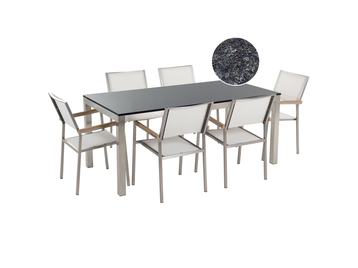 Conjunto de jardín mesa con tablero de piedra natural pulida negra 180 cm, 6 sillas de tela blanca BELIANI Grosseto