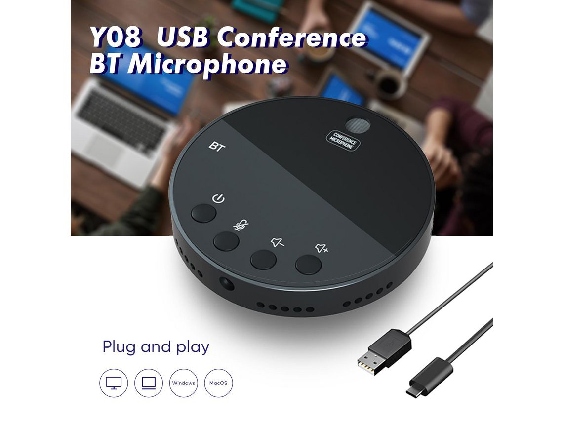 Altavoz de conferencia USB de escritorio, micrófono BT de condensador omnidireccional de 360 °, micrófono de ordenador, función de silencio/volumen con altavoz