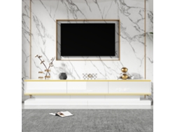 Mueble de TV moderno de 200 x 40 x 40 cm, lacado, con 3 cajones y amplio espacio de almacenamiento, acabado blanco cálido con borde dorado Mobrio