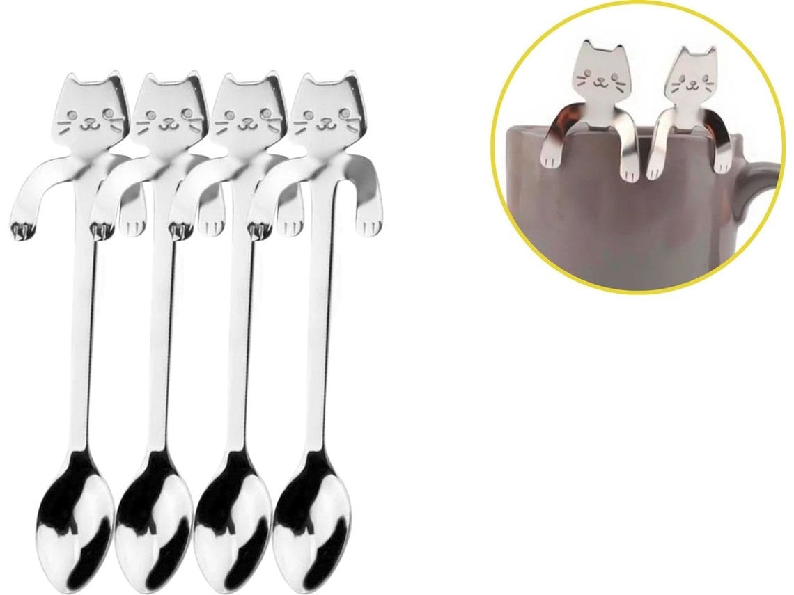 Cucharas De Té Con Diseño De Gato, Acero Inoxidable, 4 Unidades