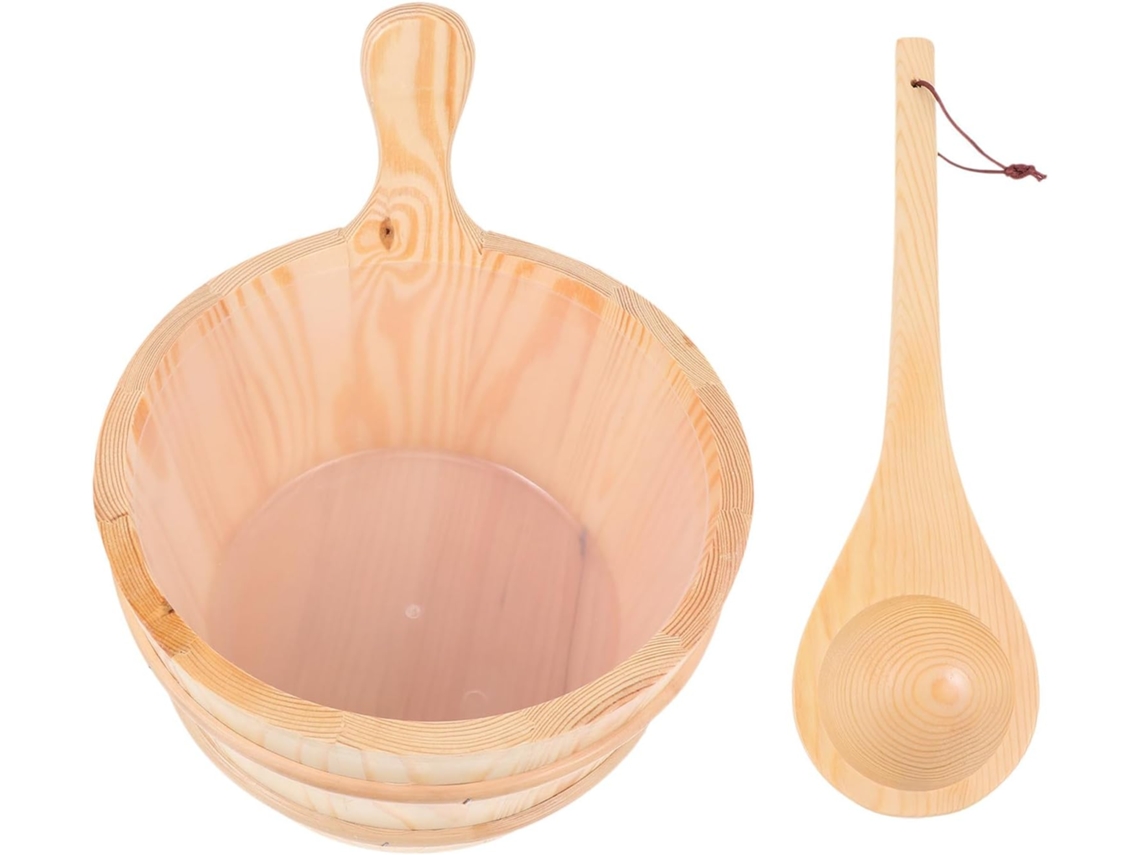 Inoomp Accesorios Para Sauna: Cubo Y Cuchara De Madera Con Depósito Interior (2 Piezas) Para Sauna Y Baño. Para