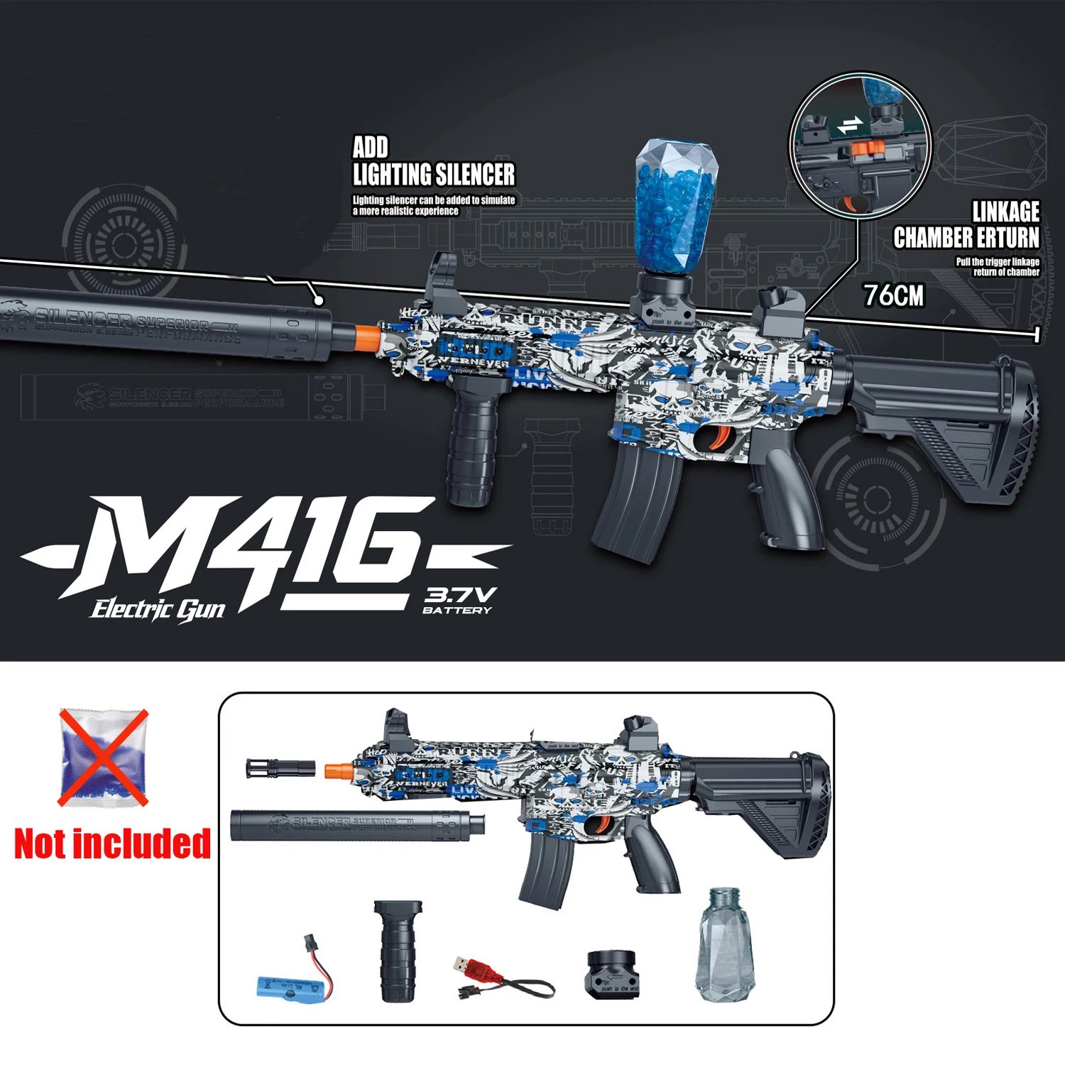 (azul) Pistola De Juguete Automática Eléctrica M416, Equipada Con Una Batería Recargable De 3,7 V Y Un Cable De Carga Usb, Utiliza Balas De Gel De 7-8 Mm.