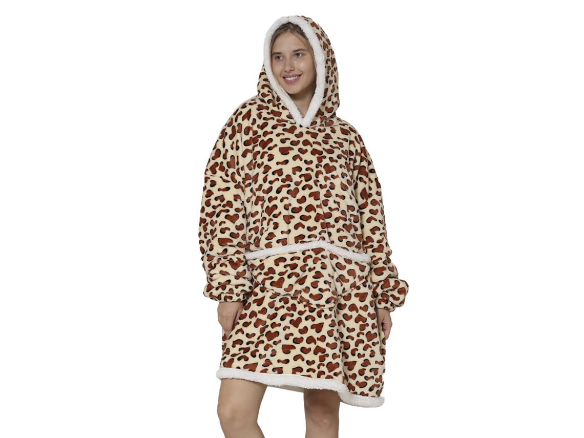 Bata Estilo Sudadera Y Manta De Felpa Extrasuave. Bolsillo Frontal Tipo Canguro. Diseño Leopardo