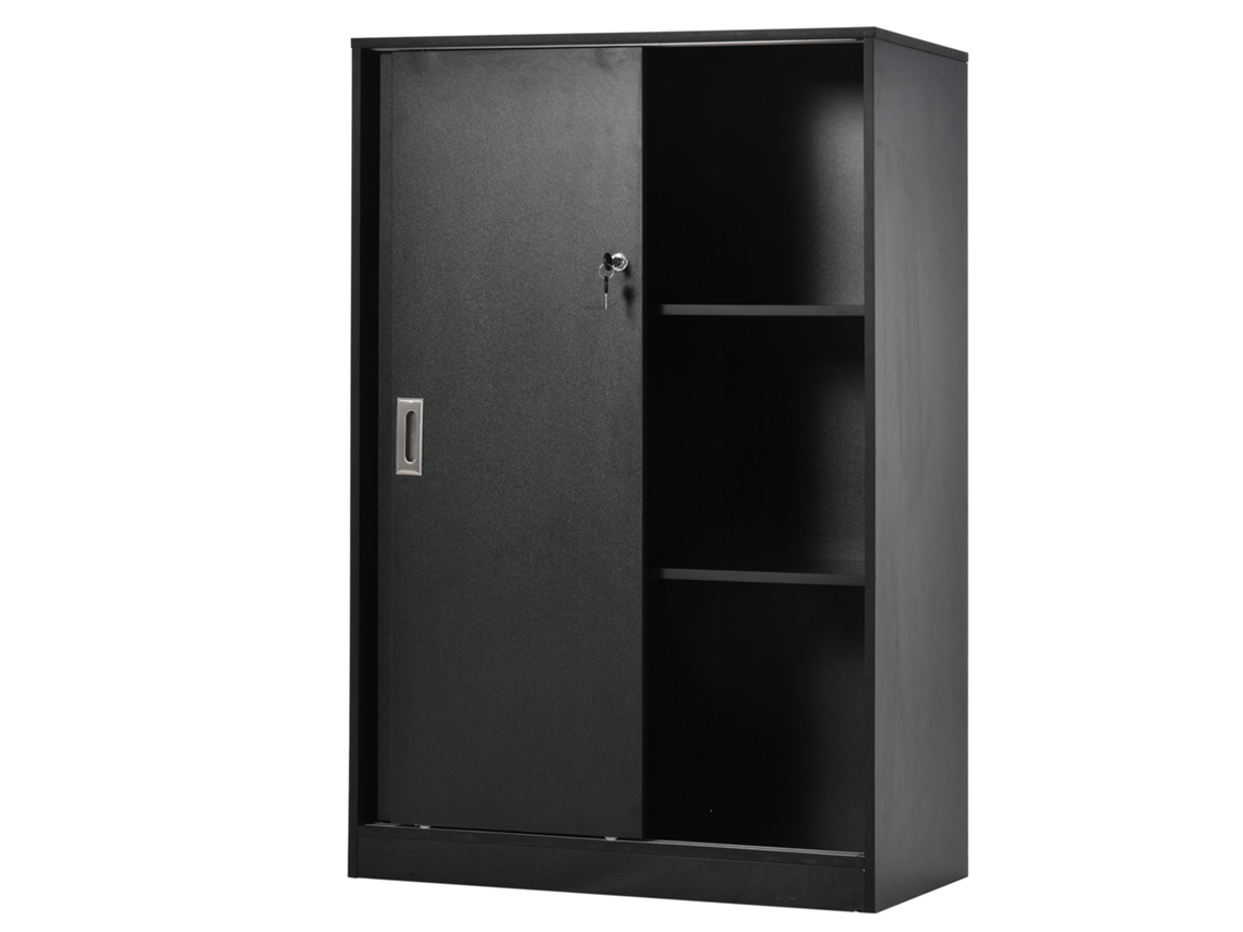 Armario de taller Homcom con 2 puertas correderas con cerradura, 2 estantes, 80 x 40 x 120 cm, aglomerado, negro.