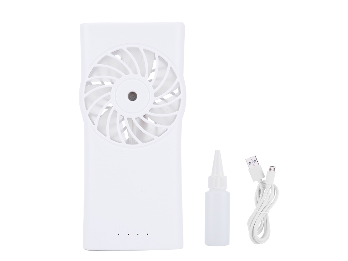 Mini ventilador portátil con rociador, recargable por USB, blanco.