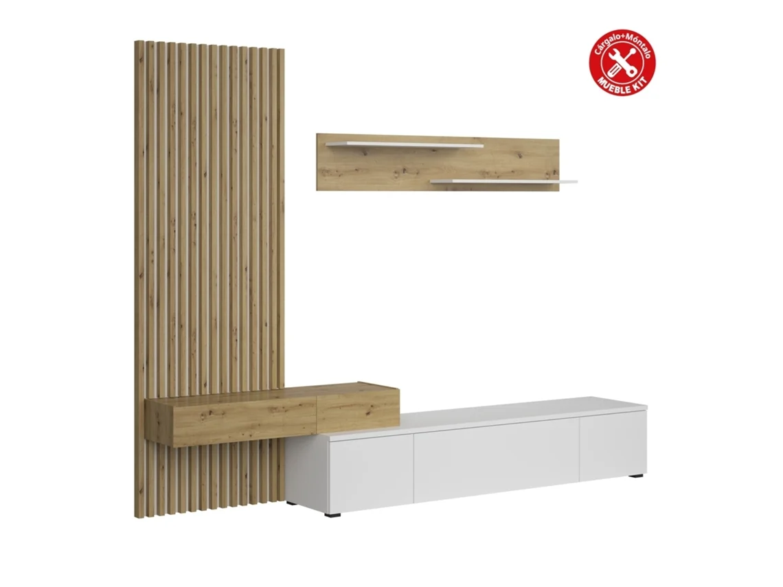 Conjunto De Comedor Con Mesa Tv Y Panelado 250X200 Cm - Blanco Y Roble VEPHOME