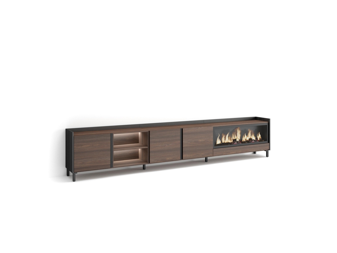 Mueble Tv, Televisión, 315x35x61cm, Para Tv Hasta 80", Chimenea Eléctrica Xxl, Diseño Industrial, Led, Roble Oscuro Y Negro