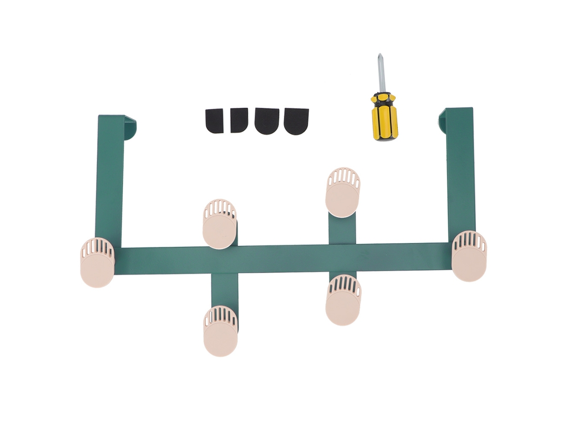 Organizador de puerta verde con ganchos para ropa, abrigos, toallas y bolsos.