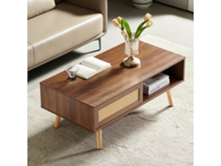 Mesa De Centro 105x55x40 Cm - Mimbre Trenzado, Puertas Correderas, Patas De Madera Maciza, Estilo Moderno - Marrón