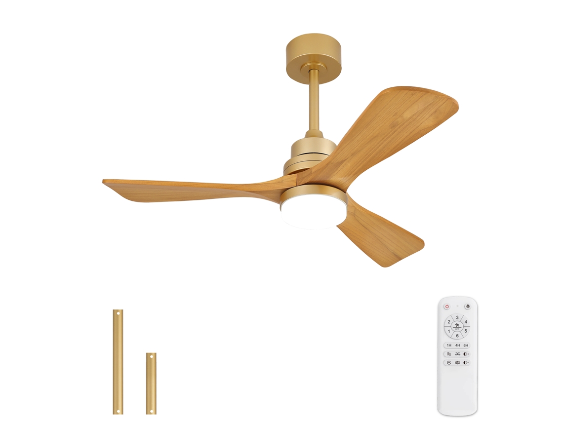 Ventilador De Techo Madera 45'' Con Luz Led Y Mando, Acabado Dorado